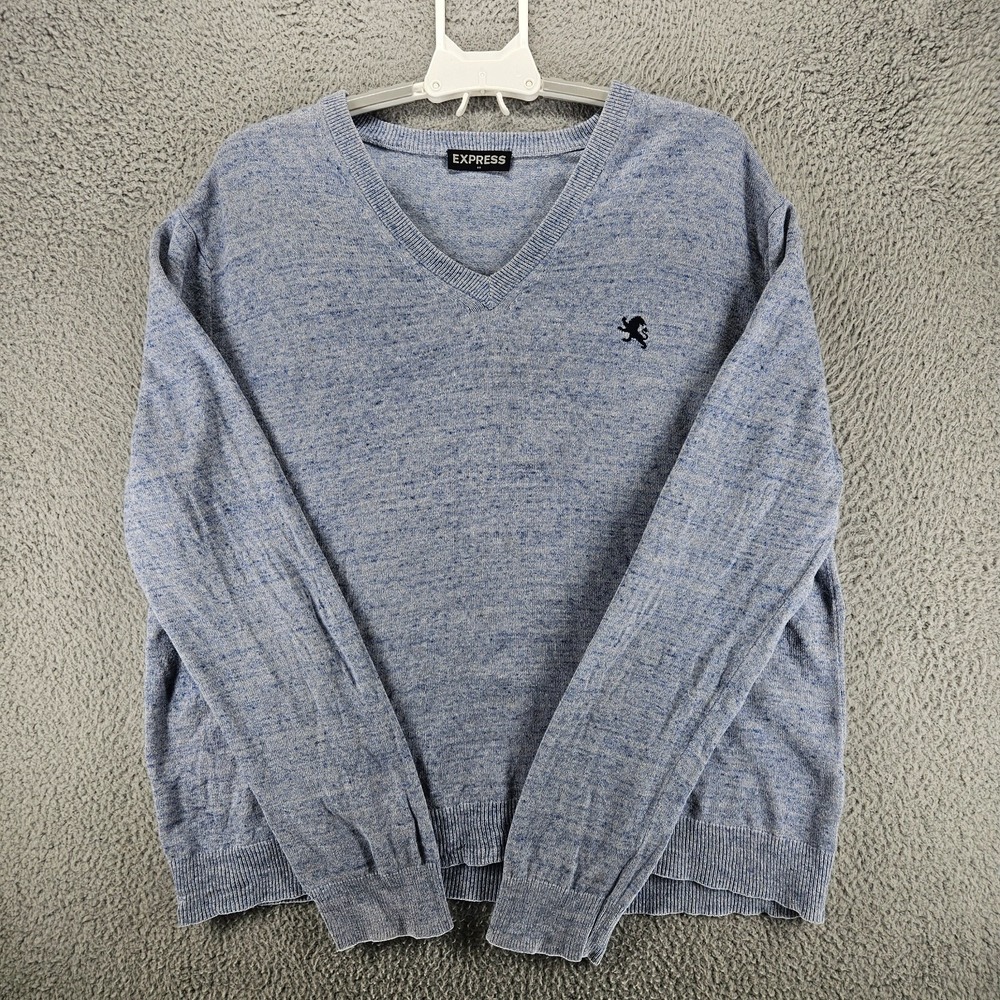Express Mens V-Neck Sweater Blue Heather Marl Cotton Lion Logo Pullover L